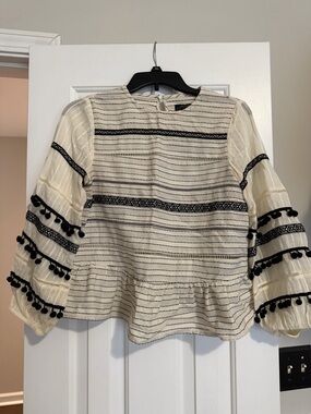 Zara Cream and Black Pom-Pom Trim Peplum Blouse